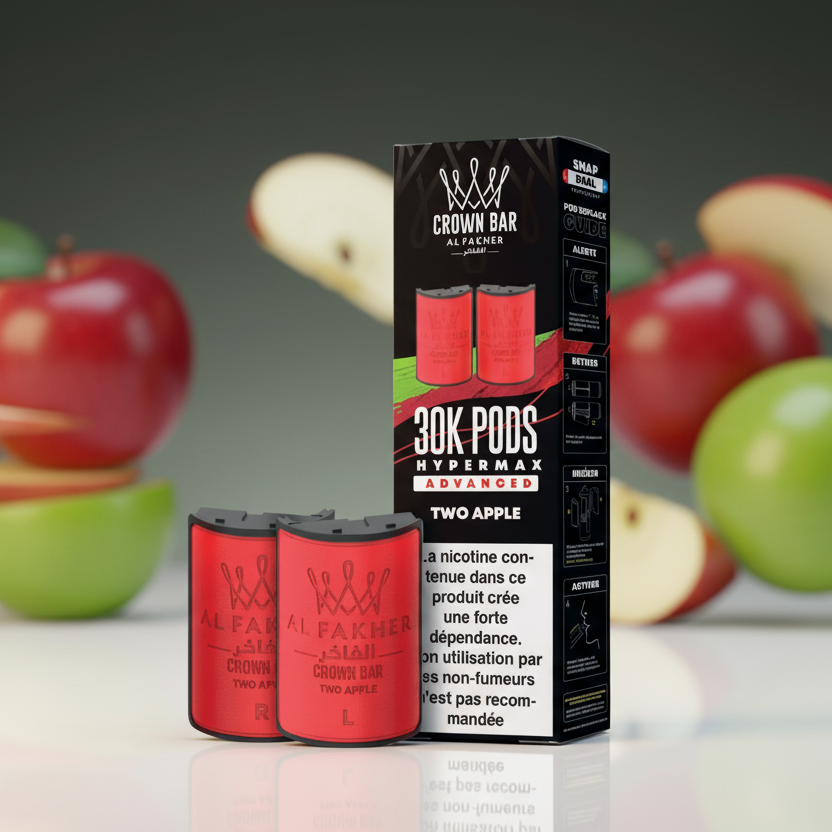 Red vape pods with black packaging featuring 'Crown Bar Al Fakher' branding on a white background.