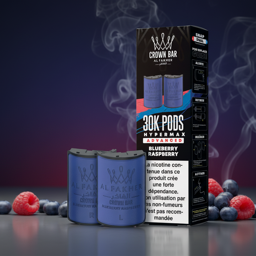 Alfakher Crown Bar vape pods packaging with blue pods and black box on a white background