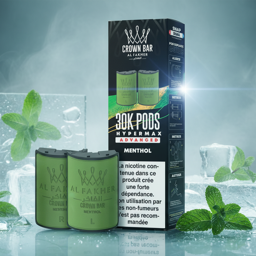 Al Fakher Crown Bar Menthol vape pods packaging with green pods and black box.
