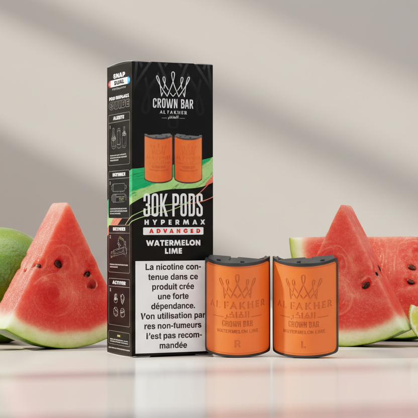Crown Bar Al Fakher vape pods packaging with orange pods and black box on a white background