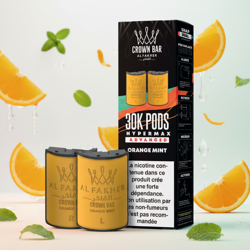 Al Fakher Crown Bar vape pods packaging with nicotine warning label.