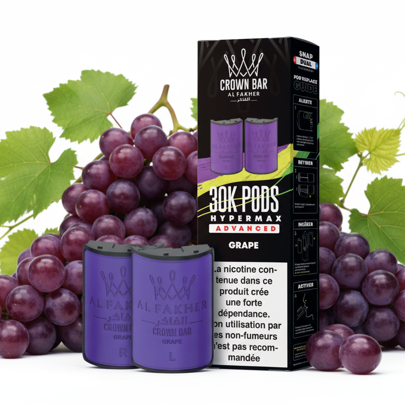 Purple vape pods with their packaging displaying 'Crown Bar Al Fakher' branding.