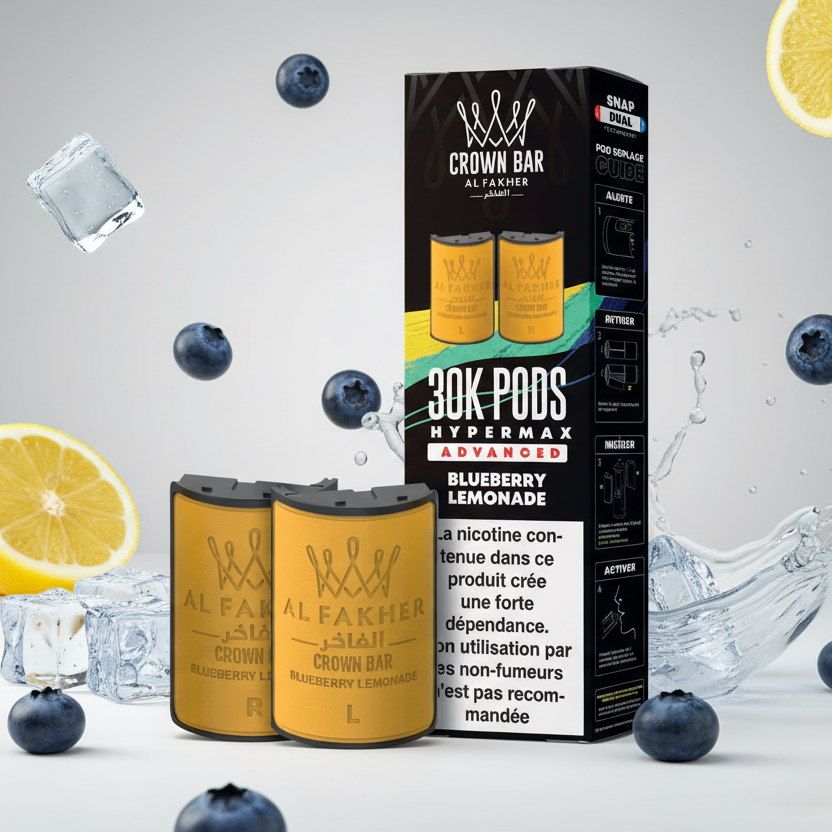 Al Fakher Crown Bar vape pods packaging with yellow pods and black box on a white background