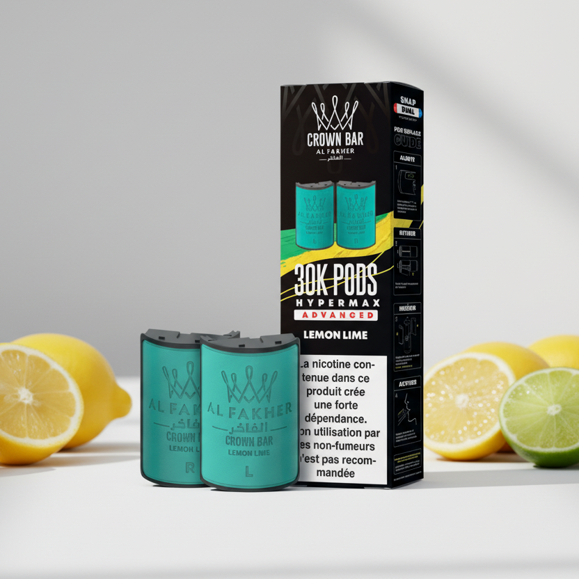 Al Fakher Crown Bar vape pods packaging with lemon lime flavor on a white background