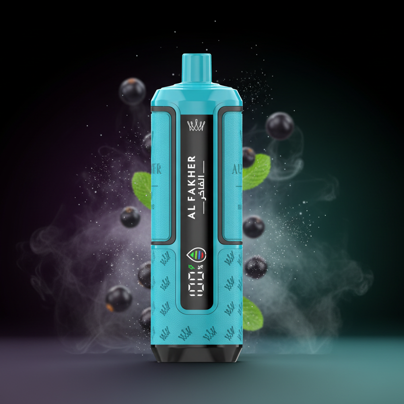 Blue vape device with digital display and packaging labeled 'Crown Bar Al Fakher' on a black background.