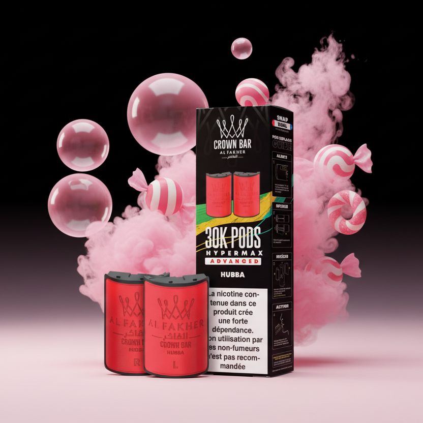 Red vape pods with black packaging featuring 'Crown Bar Al Fakher' branding on a white background.