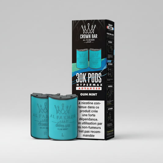 Al Fakher Crown Bar vape pods packaging with blue pods and black box on a white background
