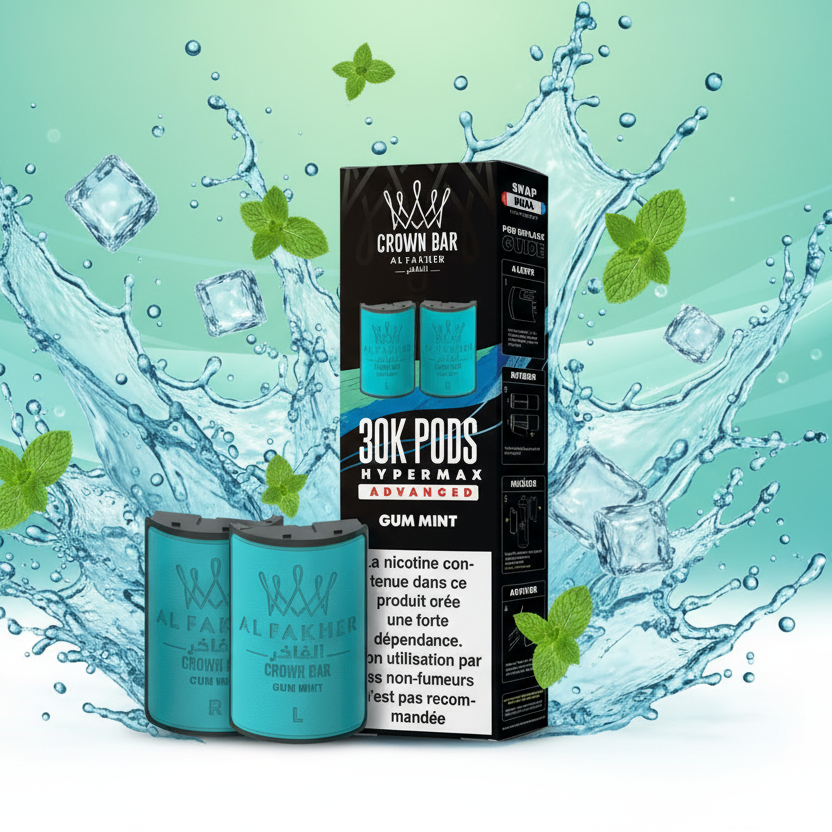 Al Fakher Crown Bar vape pods packaging with blue pods and black box on a white background