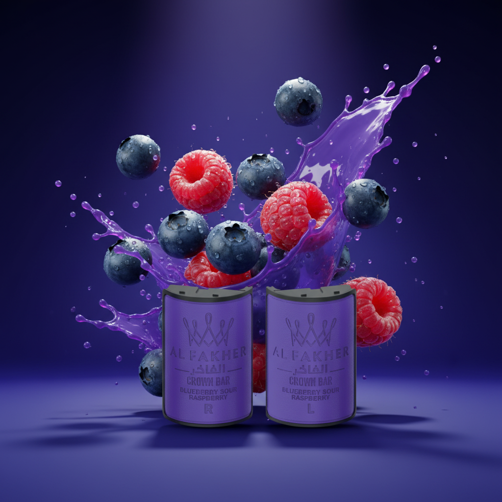 Purple vape pods with 'Crown Bar Al Fakher' packaging on a white background
