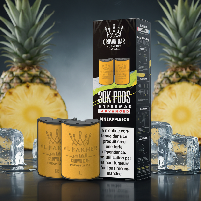 Al Fakher Crown Bar vape pods packaging with yellow pods and black box on a white background