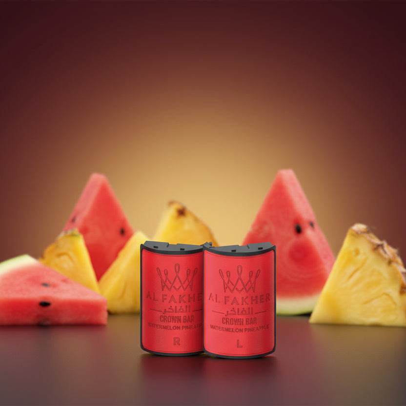 Red vape pods with 'Crown Bar Al Fakher' branding and packaging on a white background.
