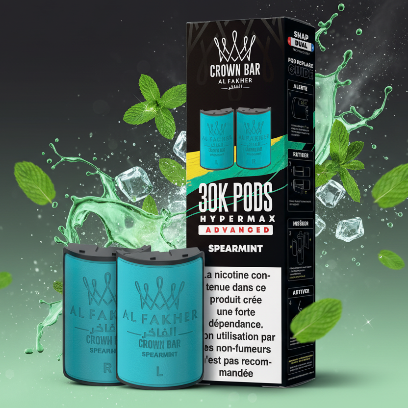 Al Fakher Crown Bar vape pods packaging with blue pods and black box on a white background