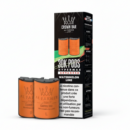 Crown Bar Al Fakher vape pods packaging with orange pods and black box on a white background