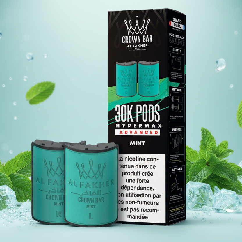 Al Fakher Crown Bar vape pods packaging with two green vape pods in front.