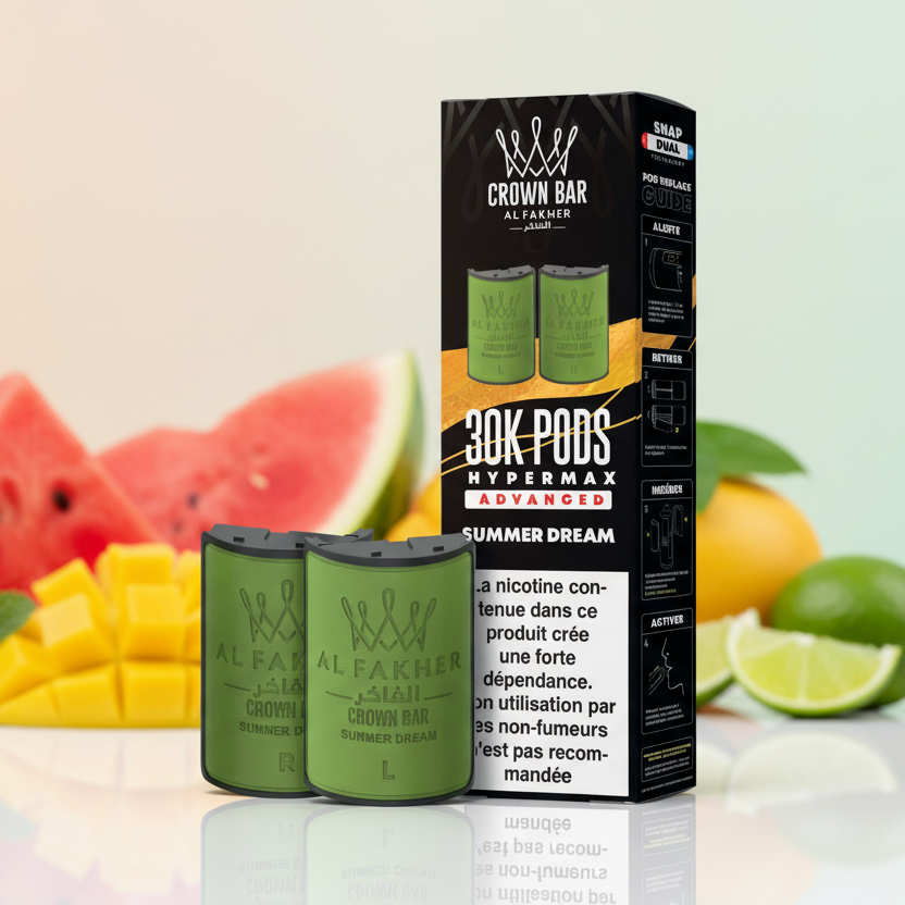 Al Fakher Crown Bar vape pods packaging with green pods and black box.