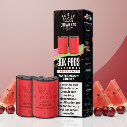 Red vape pods with black packaging for Crown Bar Al Fakher on a white background