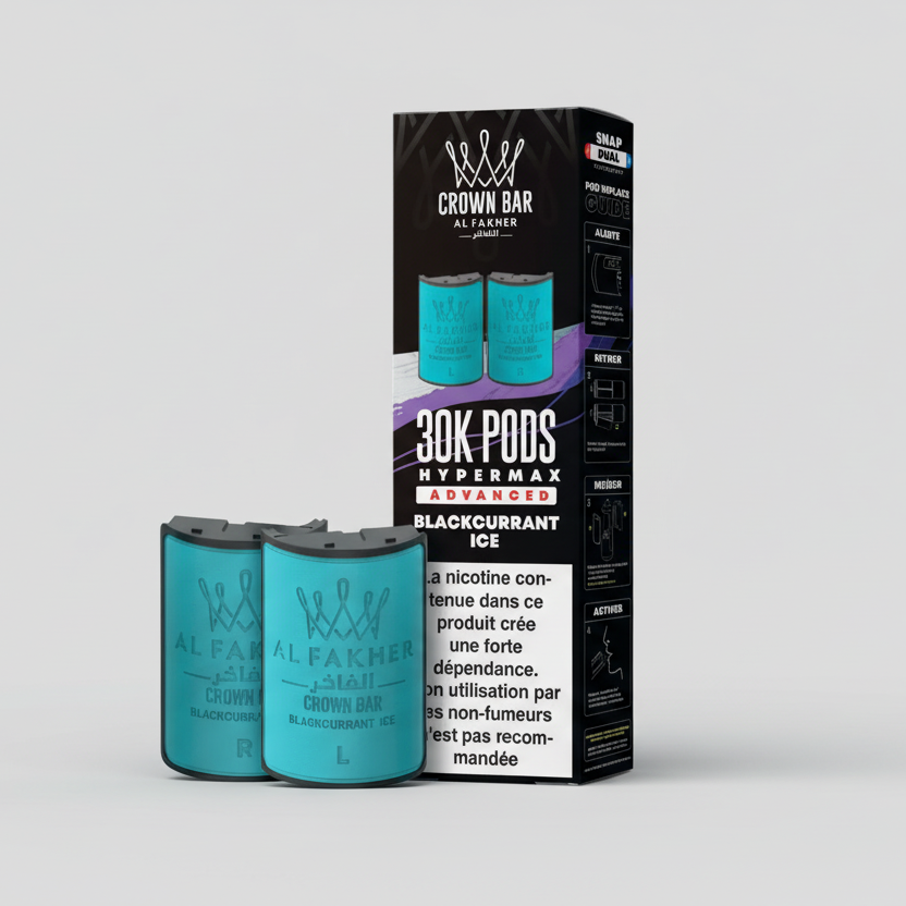 Al Fakher Crown Bar vape pods packaging with blue pods and black box.
