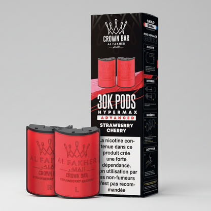 Red vape pods with black packaging labeled 'Crown Bar Al Fakher' on a white background