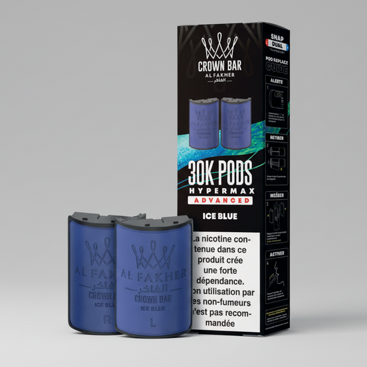 Crown Bar Al Fakher vape pods packaging with blue pods and black box on a white background