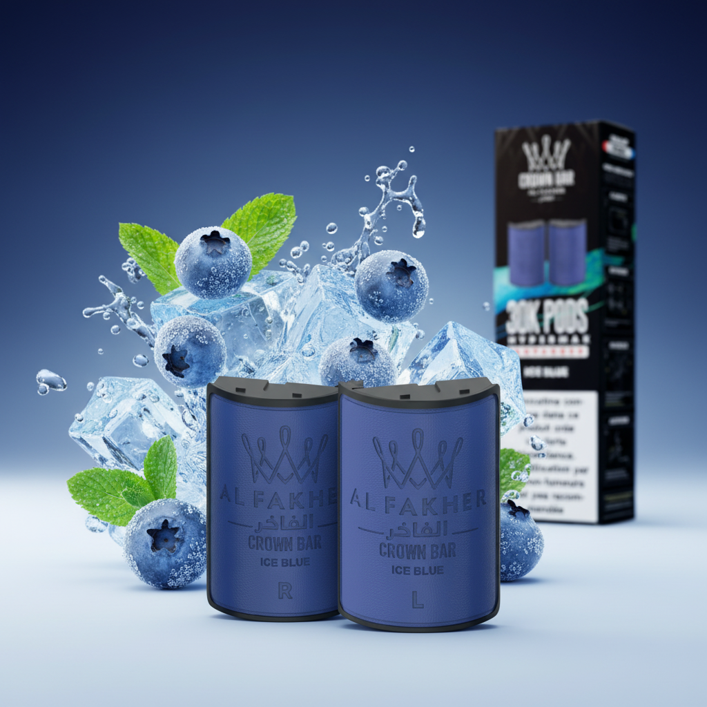 Crown Bar Al Fakher vape pods packaging with blue pods and black box on a white background