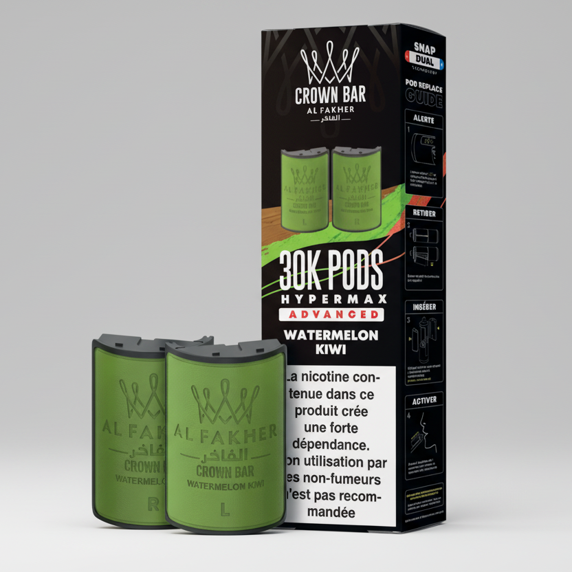 Al Fakher Crown Bar vape pods packaging with green vape pods and black box on a white background