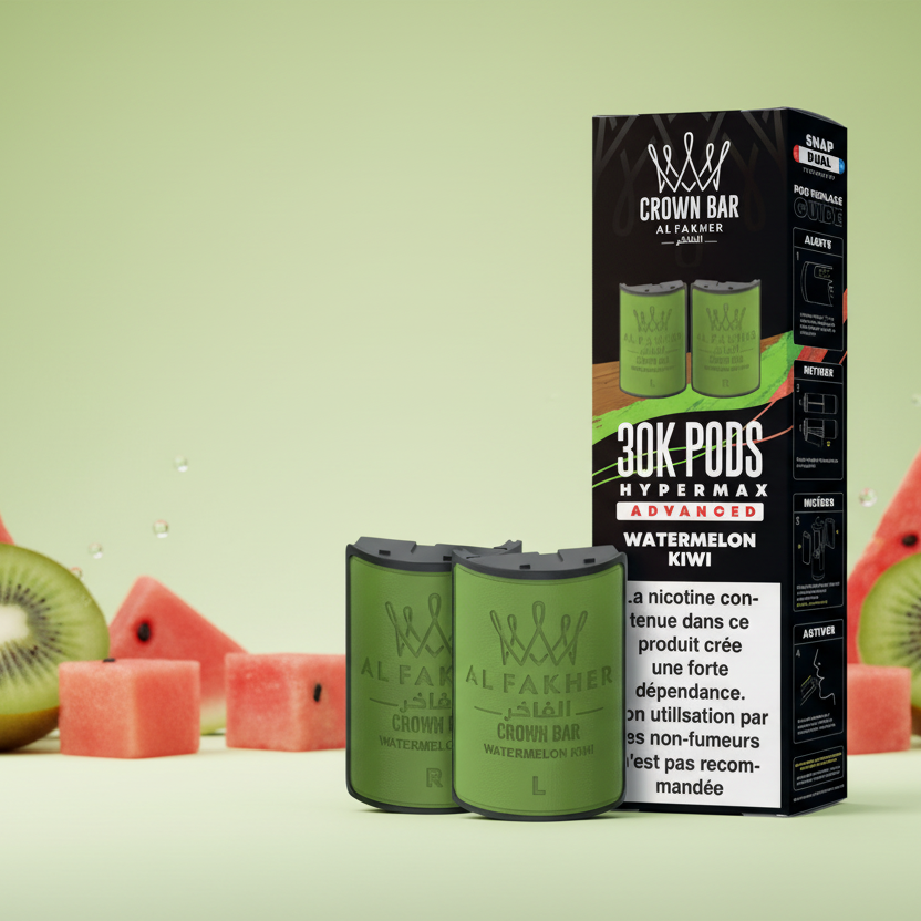 Al Fakher Crown Bar vape pods packaging with green pods and black box on a white background