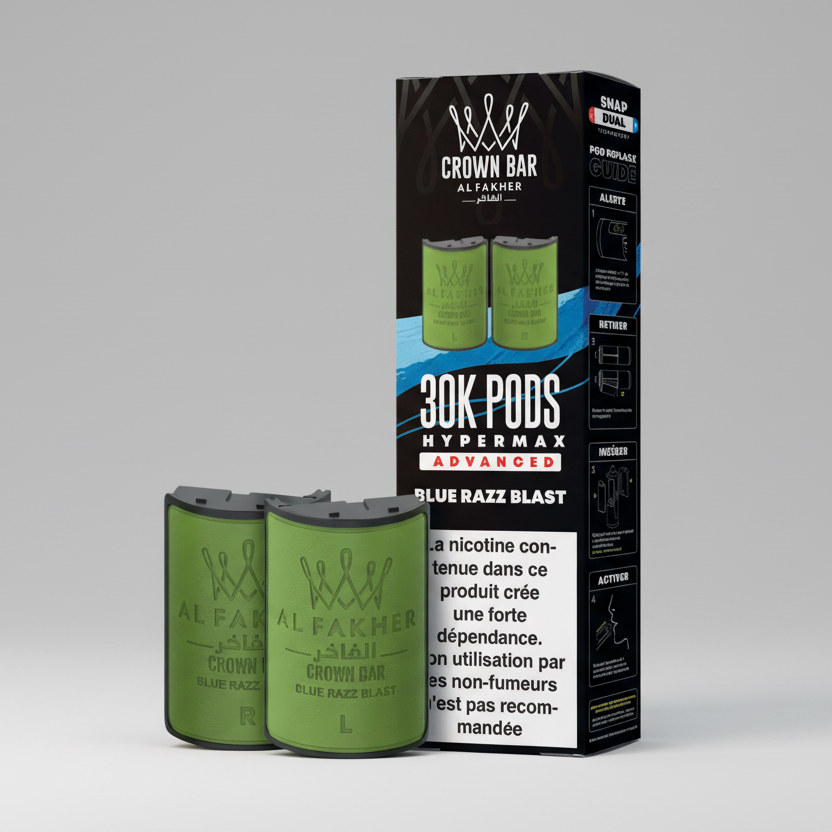 Al Fakher Crown Bar vape pods packaging with green pods and black box on a white background