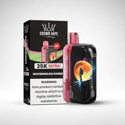 Crown Vape vape device and packaging with watermelon cherry flavor on a white background