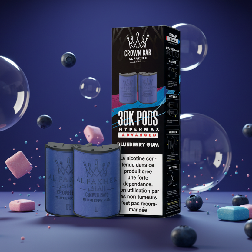 Crown Bar Al Fakher vape pods packaging with blue pods and black box on a white background