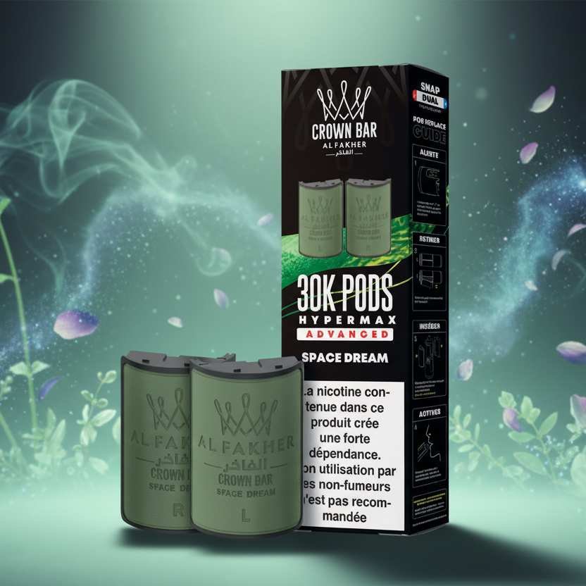 Al Fakher Crown Bar vape pods packaging with green pods and black box on a white background