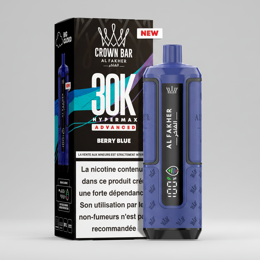 Blue vape device with packaging labeled 'Crown Bar' on a gray background