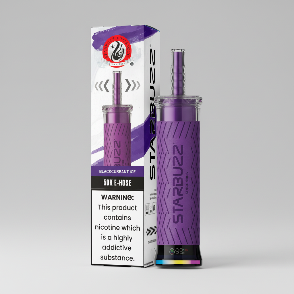 Purple e-hose with 'Starbuzz' branding and packaging on a white background