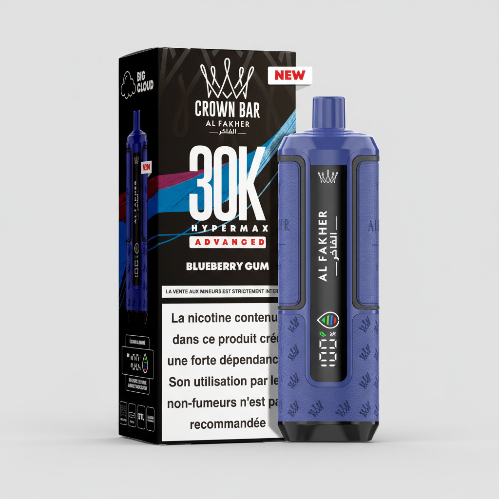 Blue vape device with digital display and 'Al Fakher' branding next to packaging