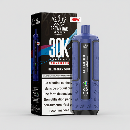 Blue vape device with digital display and 'Al Fakher' branding next to packaging