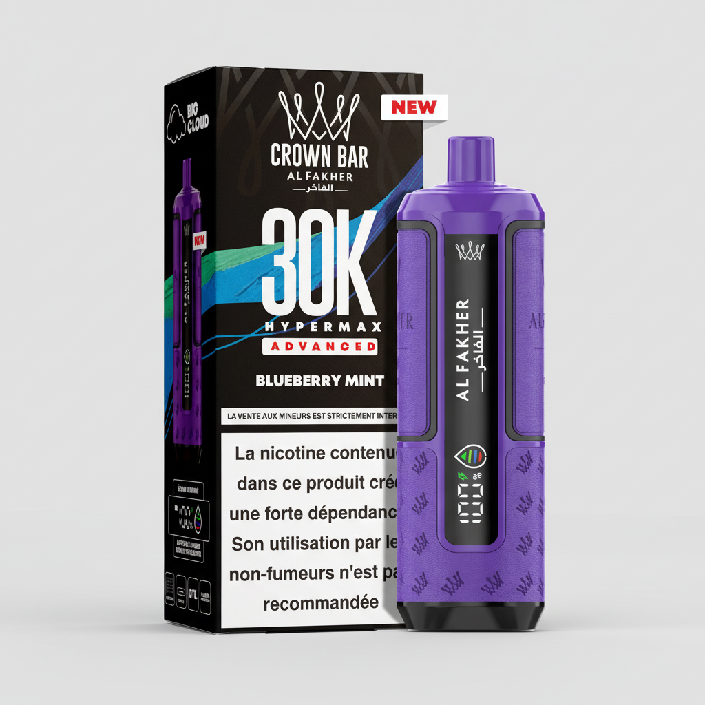 Purple vape device with 'Al Fakher' branding and packaging in the background