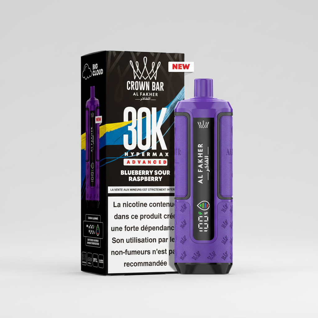 Purple vape device with 'Al Fakher' branding and packaging in the background