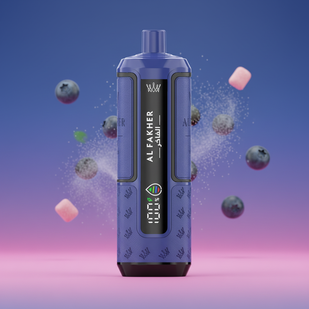 Blue vape device with digital display and 'Al Fakher' branding, next to packaging box.