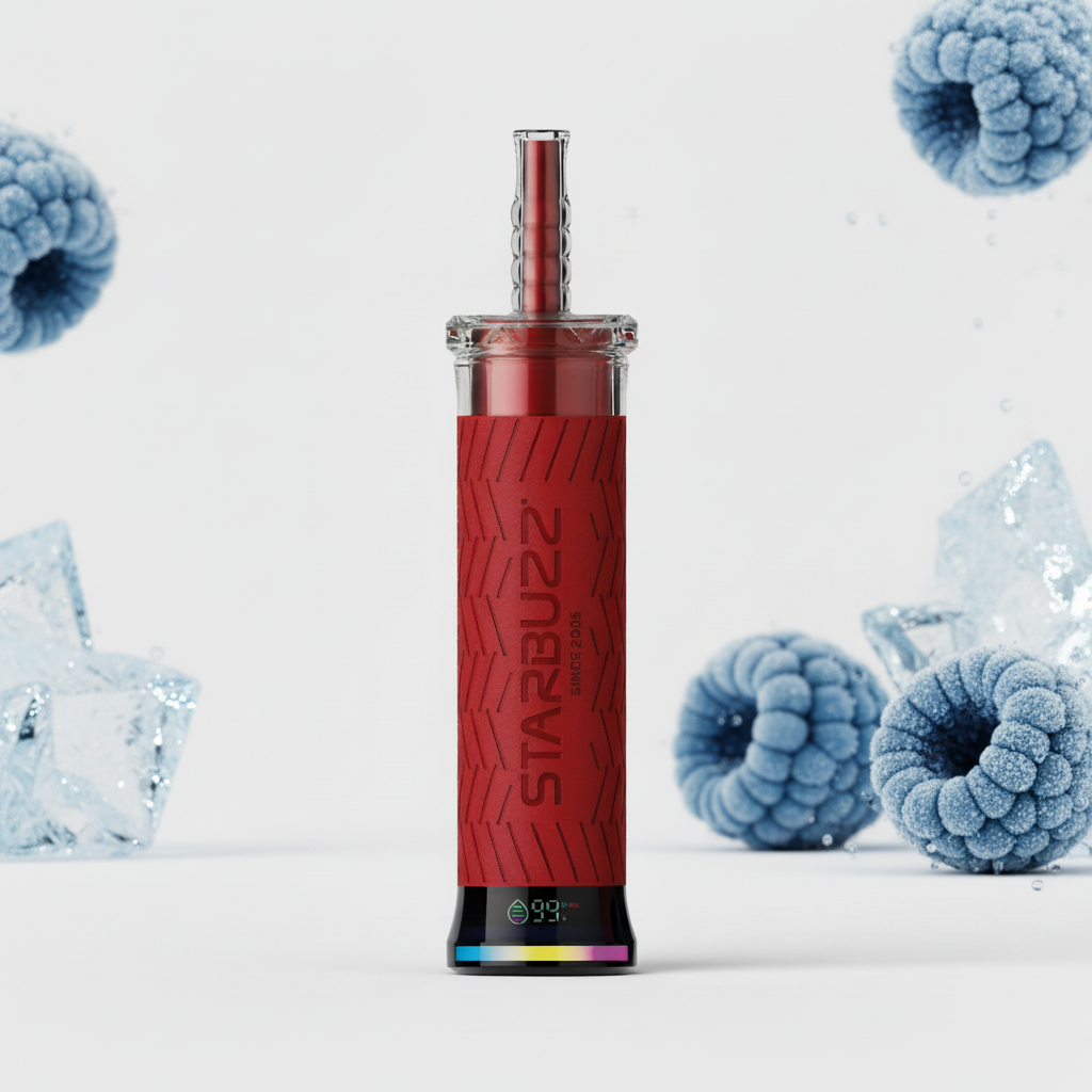 Red vape pen with 'Starbuzz' branding on a white background