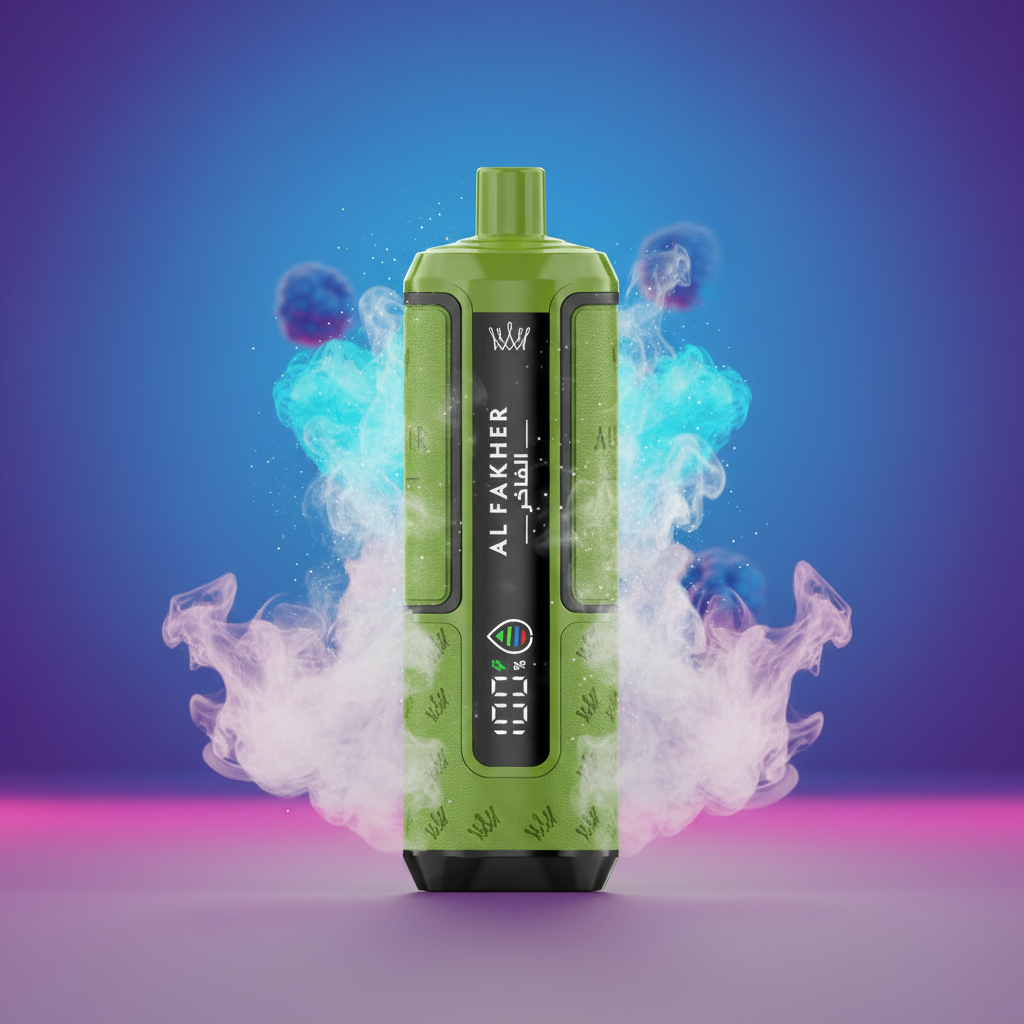 Green vape device with 'Al Fakher' branding and packaging displaying 'Crown Bar' and '30K Hypermax Advanced'.