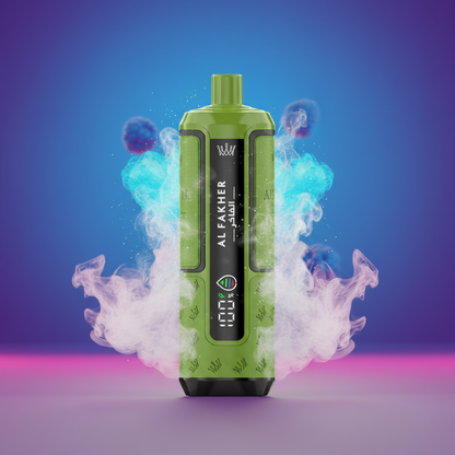 Green vape device with 'Al Fakher' branding and packaging displaying 'Crown Bar' and '30K Hypermax Advanced'.
