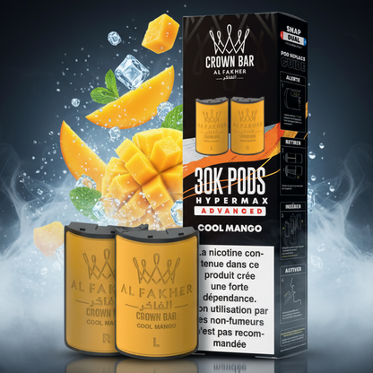 Al Fakher Crown Bar Cool Mango vape pods packaging with nicotine warning label.