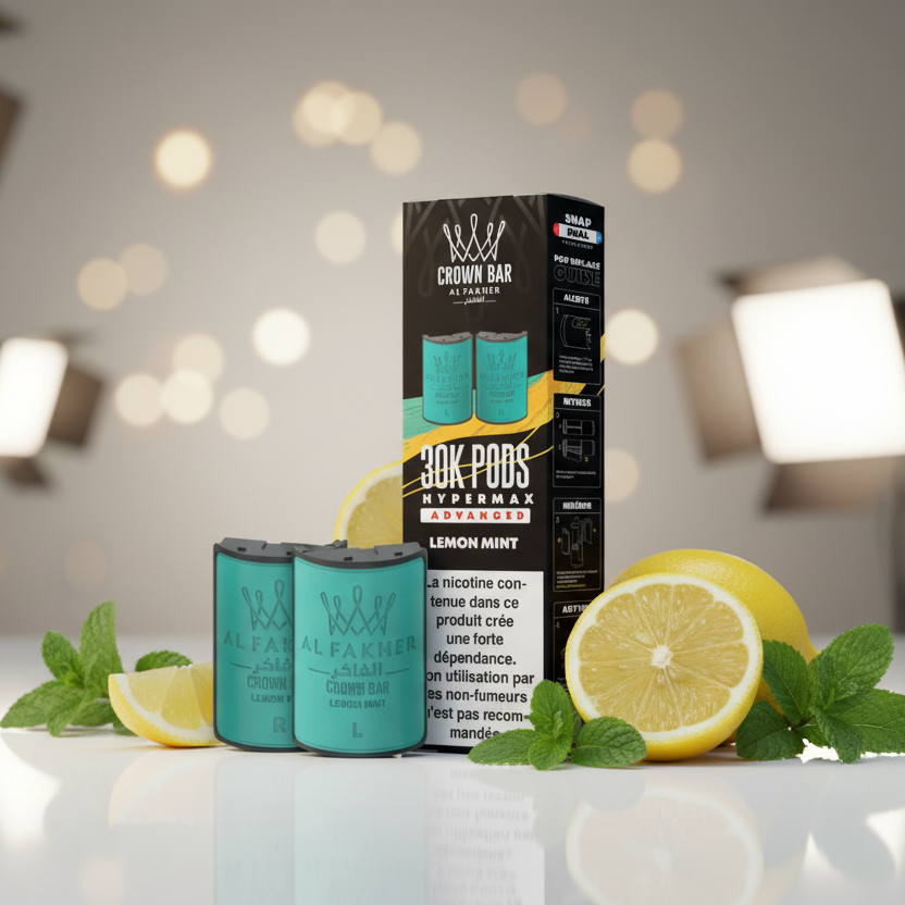 Al Fakher Crown Bar vape pods packaging with teal pods and black box on a white background