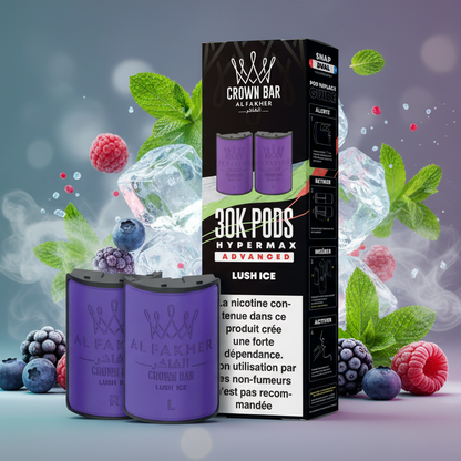 Purple vape pods with 'Crown Bar Al Fakher' branding and packaging on a white background.