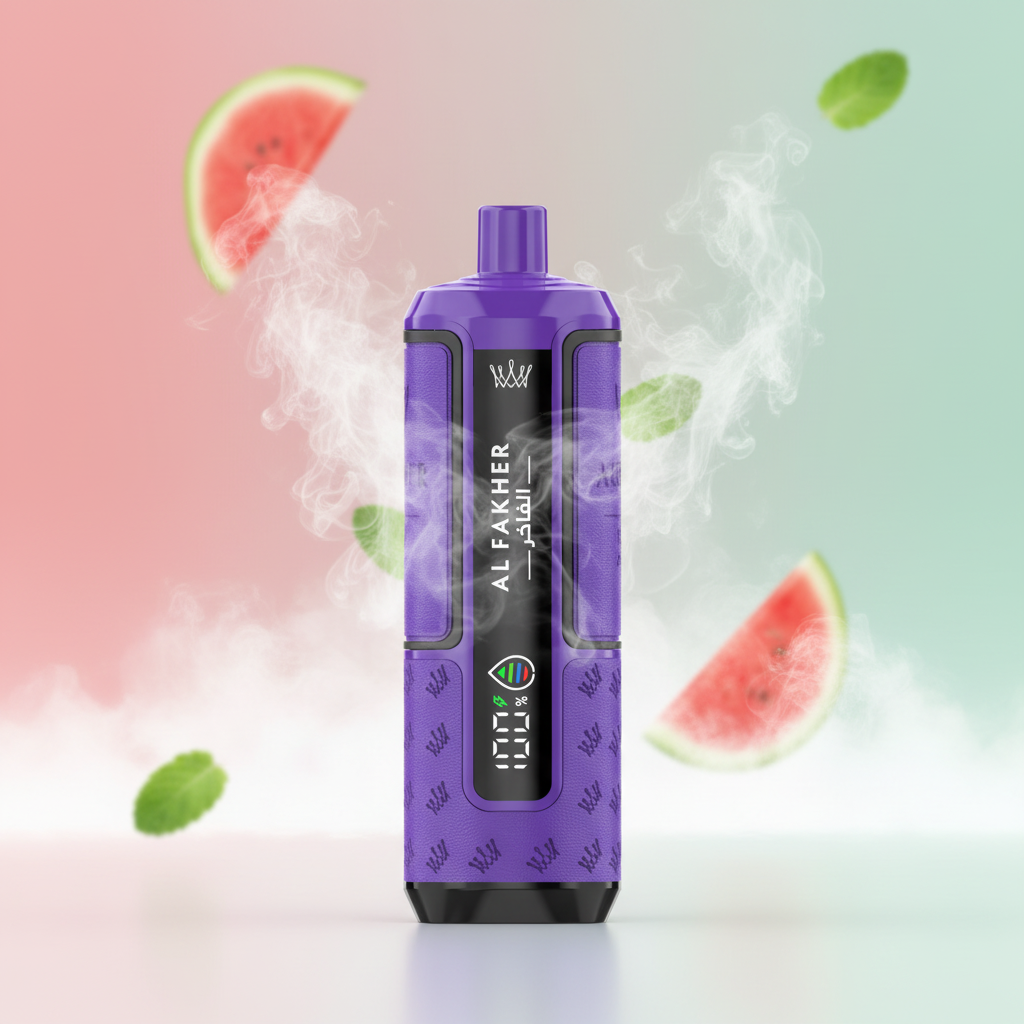 Purple vape device with 'Al Fakher' branding and packaging in the background