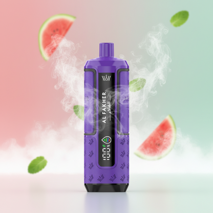Purple vape device with 'Al Fakher' branding and packaging in the background