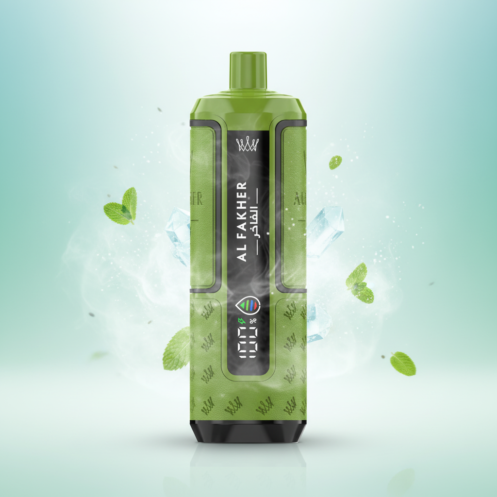 Green vape device with packaging labeled 'Crown Bar Al Fakher' and '30K Hypermax Advanced Menthol'.