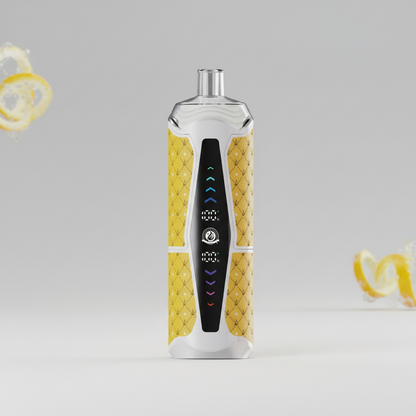 Vape device with yellow and black design next to its packaging on a white background