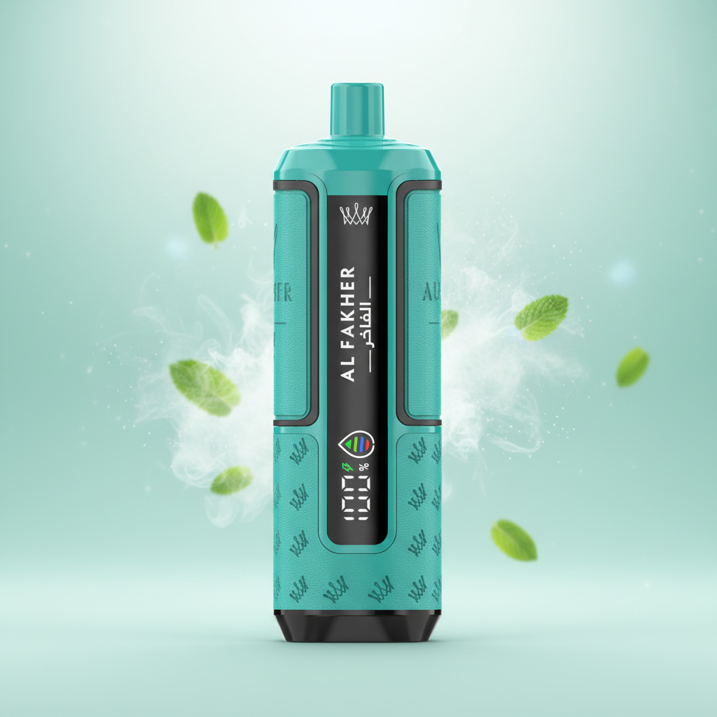 Teal vape device with digital display and packaging labeled 'Crown Bar Al Fakher' on a black background.