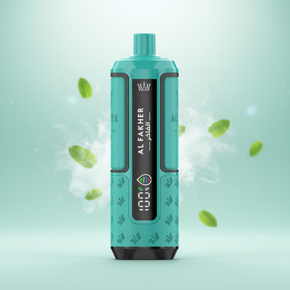 Teal vape device with digital display and packaging labeled 'Crown Bar Al Fakher' on a black background.