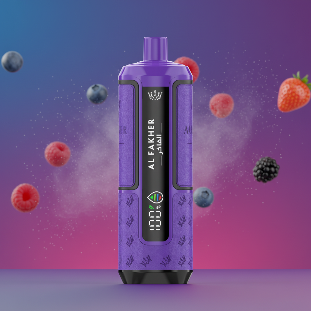 Purple vape device with 'Al Fakher' branding and packaging in the background
